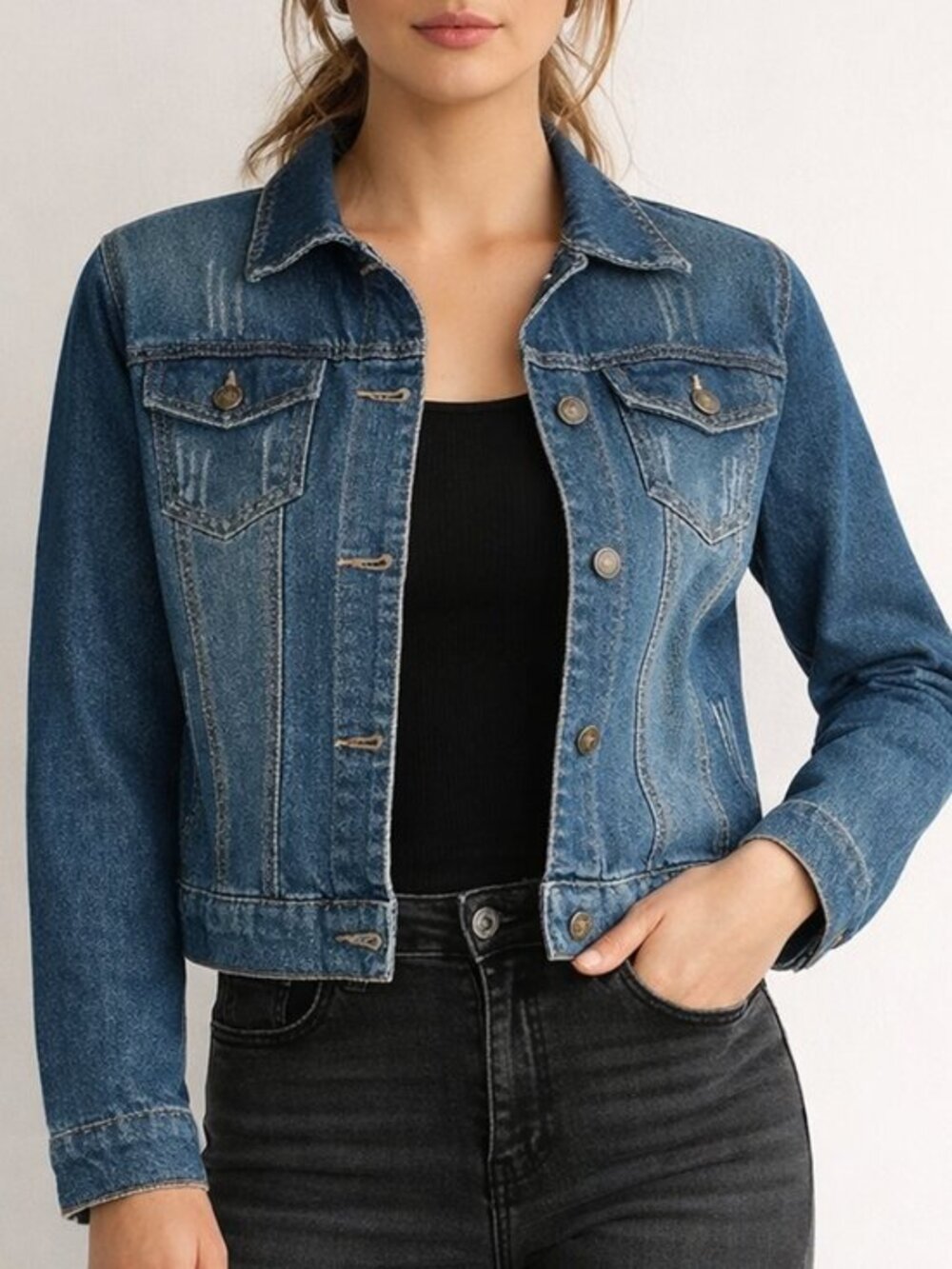 Blue Cropped Denim Jacket Fitted Distressed Wash Size S